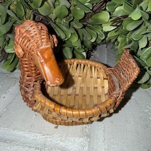 Vintage Duck Shaped Woven Rattan Wicker Basket/Planter With Wooden Beak 4x3"